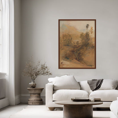 Beige Valley Abstract scene shown above a white couch in a living room.