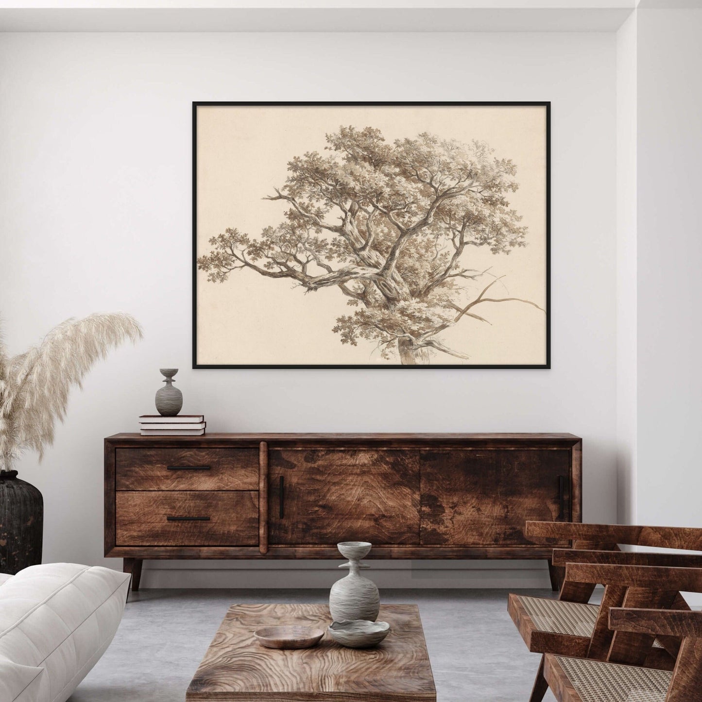 A Tree Study by Barend Cornelis Koek. Done in the late 1800s. Soft beige taupe background and darker sketch of a tree. Displayed in a room over a brown hutch.