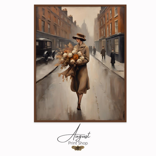 Autumn colors displayed in a romantic scene of a young woman in the 20s holding a bouquet walking through the rainy streets of londom