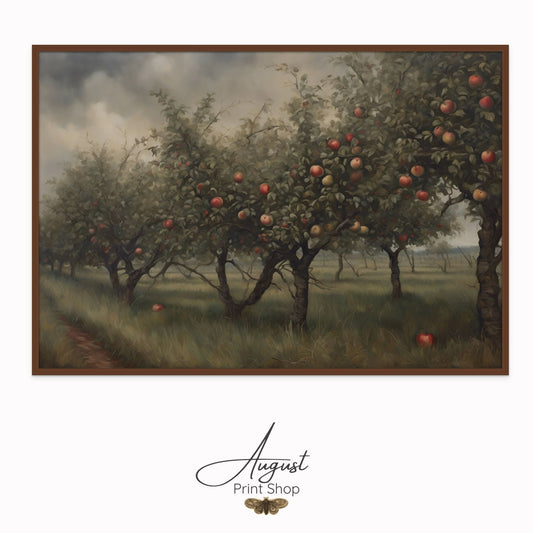 A painting style print of a deep and moody apple orchard