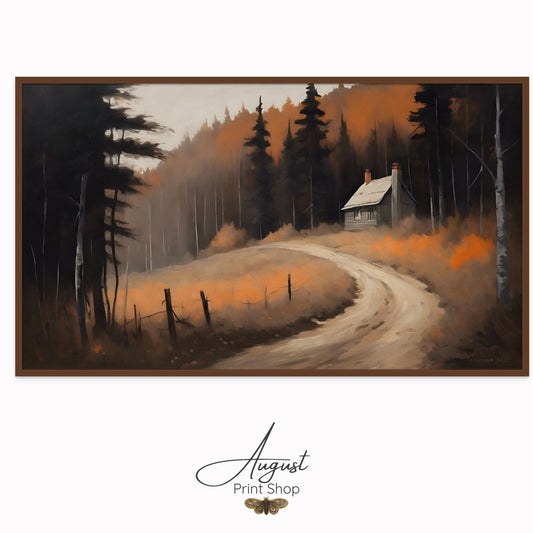 A painting style print of a winding road deep and moody autumn path in the woods.