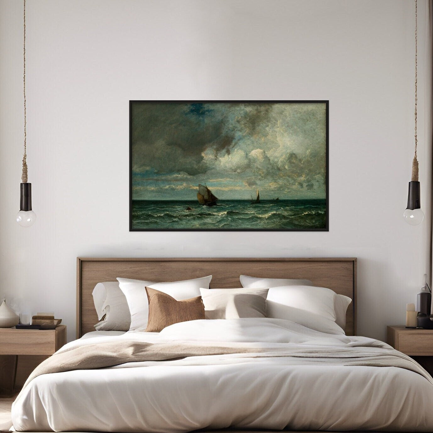 vintage print of the famous Barks Fleeing Before the Storm displayed over a bed with white sheets