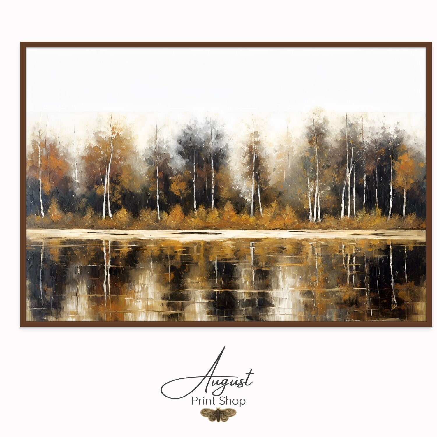 reflections of fall with this subtle autumn colors artwork. A forest reflects off the water