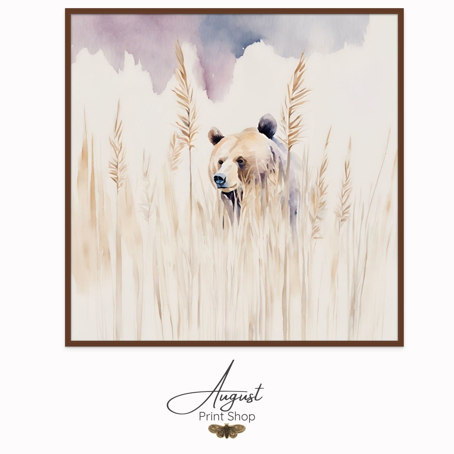 Wall art watercolor of a brown bear peeking out of a field.. soft and airy colors like light blue and light beige