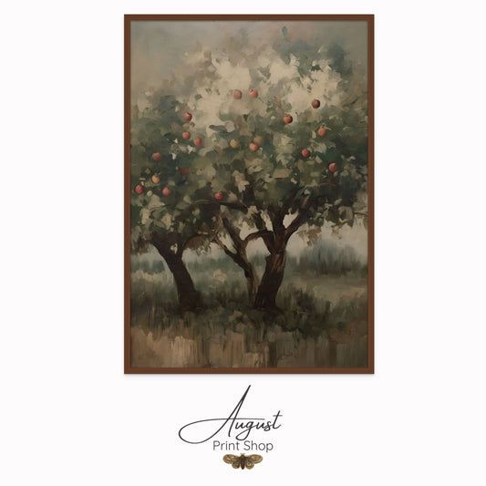 A calming, dark and unique artwork of apple trees. 