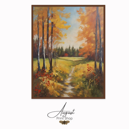 Follow the path through the woods in autumn. Sunny and Cheery fall artwork.