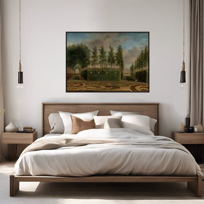 A unique vintage oil painting artwork done by Johannas Janson of an 18th centry formal garden shown as artwork above a bed.