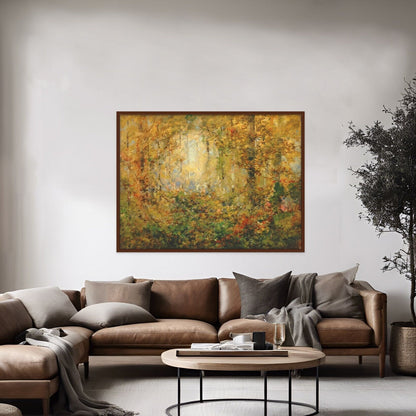 Autumn tangle artwork displayed above a brown leather couch.