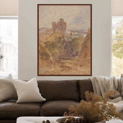 Beige Valley II displayed above a dark brown leather couch and white pillows