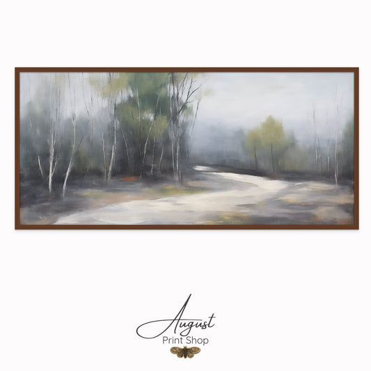 Bend in the road neutral forest wall art. Featuring birch trees and a bend in the road artwork. A Great piece for over a bed.