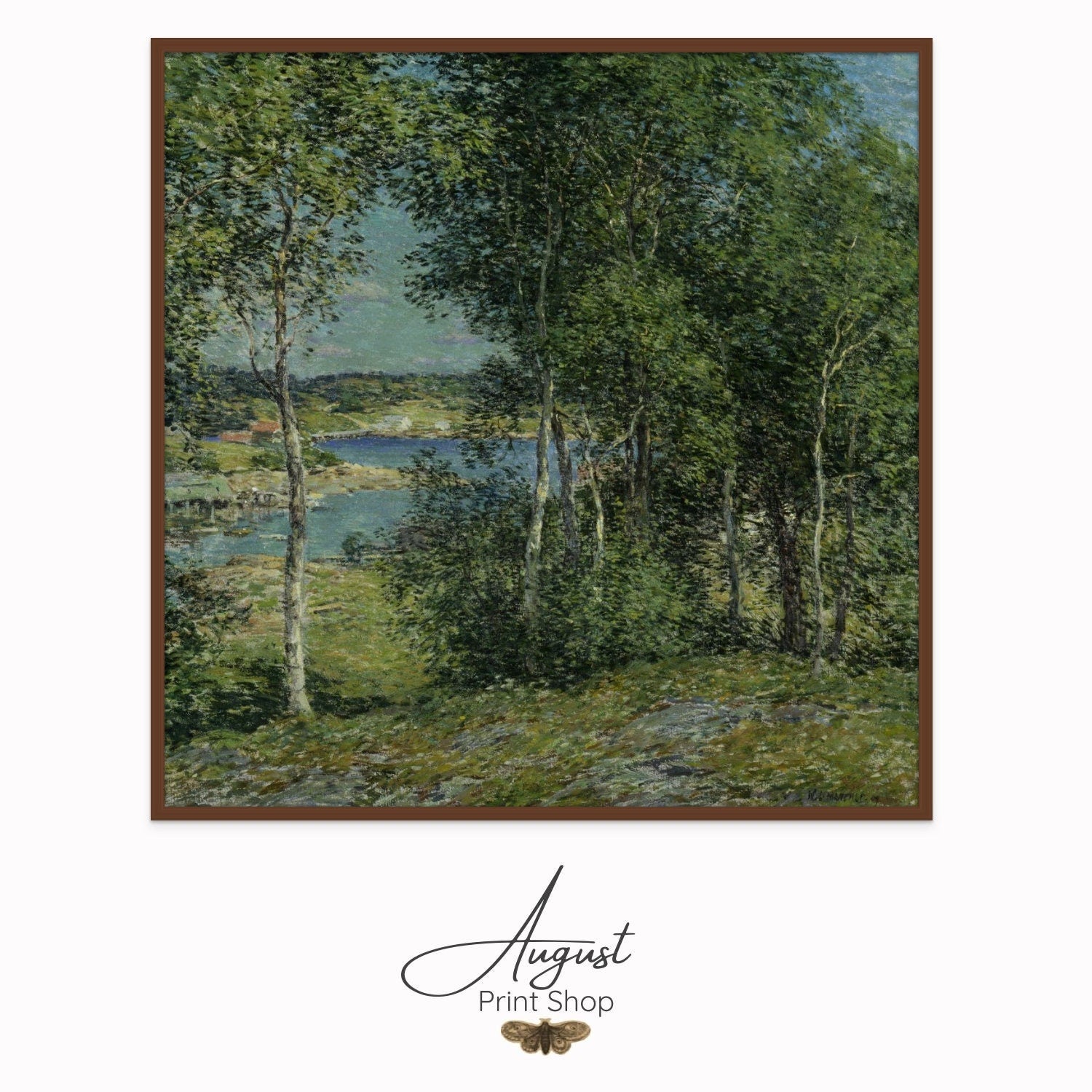 A print of the vintage oil painting by Willard L. Metcalf. Displaying a deep green birches in summer.