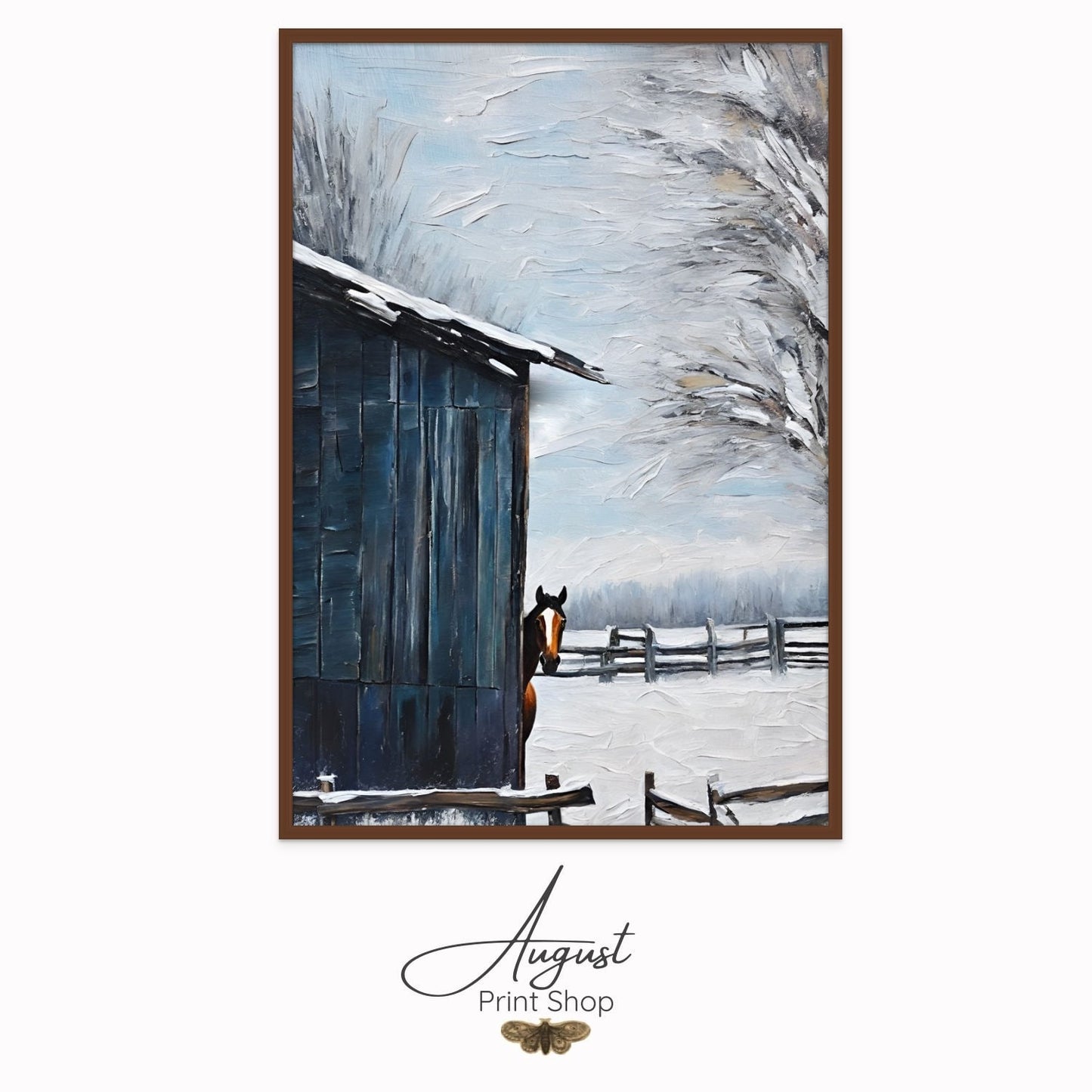 Artwork named Blue Barn Horse is of artwork of a brown horse peeking out from a blue barn in the winter time. Snow covered field and tree in the background.