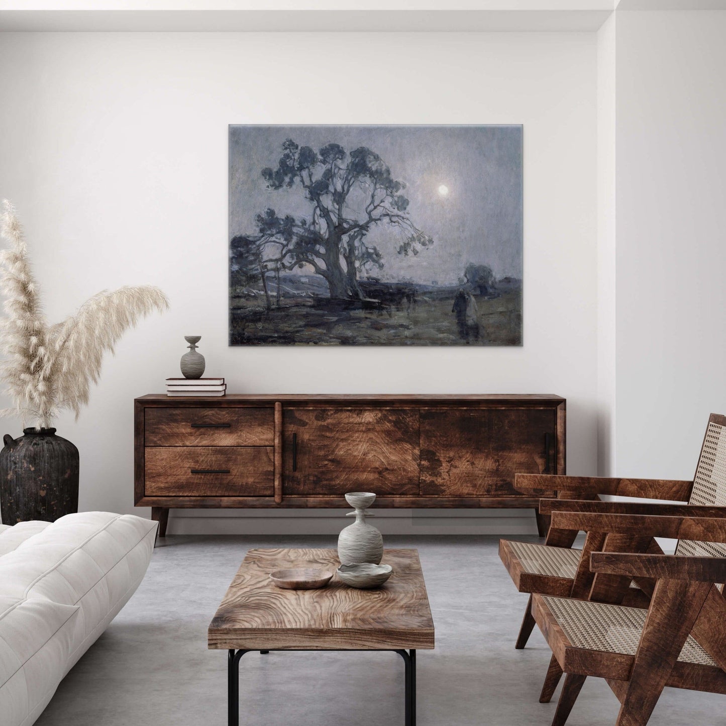 Henry Tanne done in 1905. Two people take a stroll in the moonlight next to a giant oak tree. Soft, neutral tones. Displayed over a wood hutch in a living room.