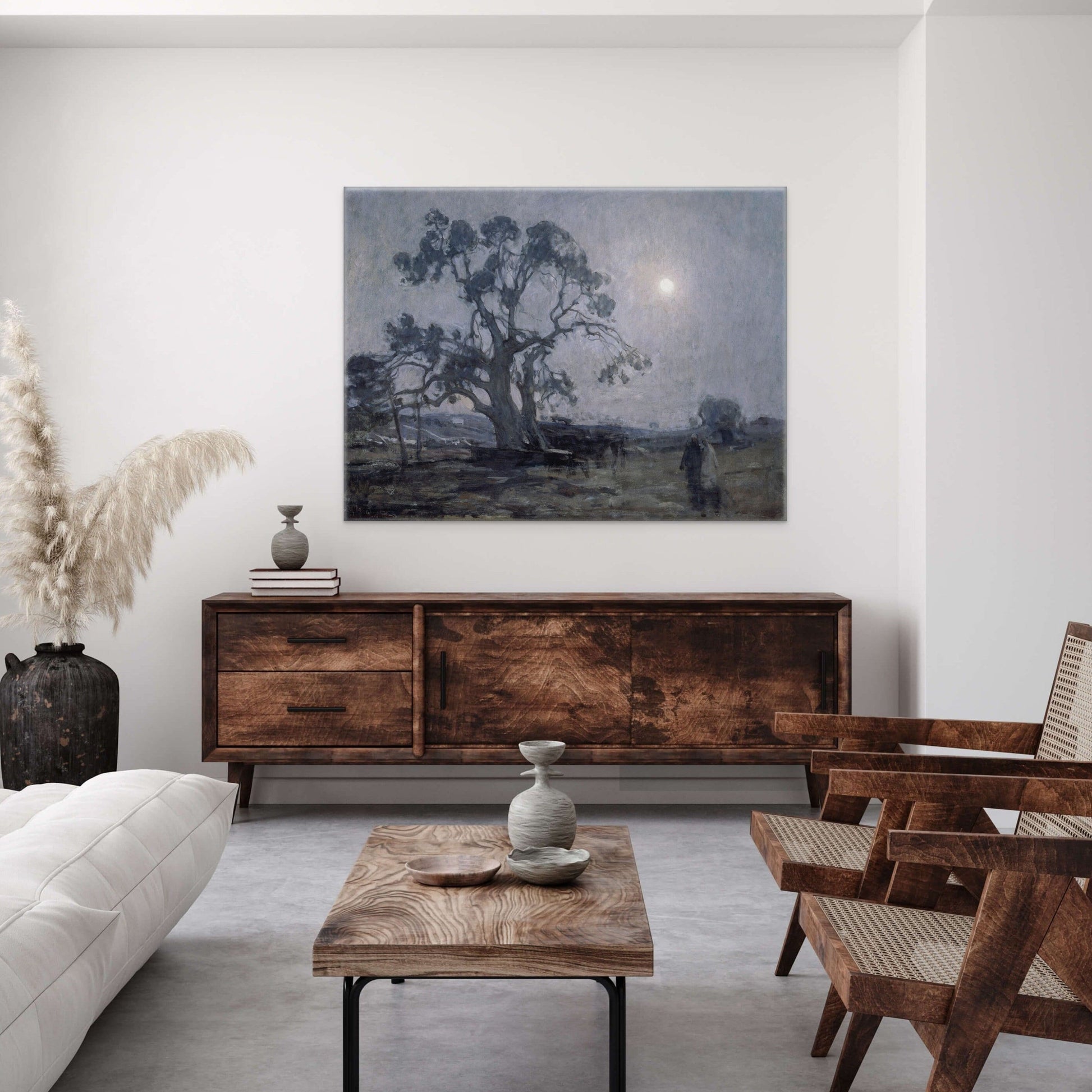 Henry Tanne done in 1905. Two people take a stroll in the moonlight next to a giant oak tree. Soft, neutral tones. Displayed over a wood hutch in a living room.