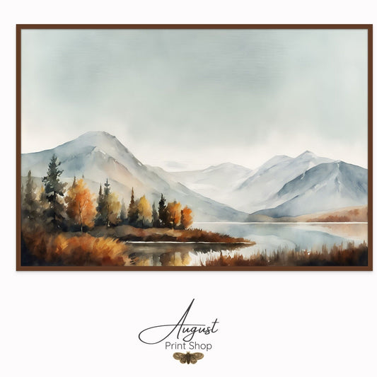 watercolor style painting of a lake during the autumn season. The trees and mountain reflect off of the lake.