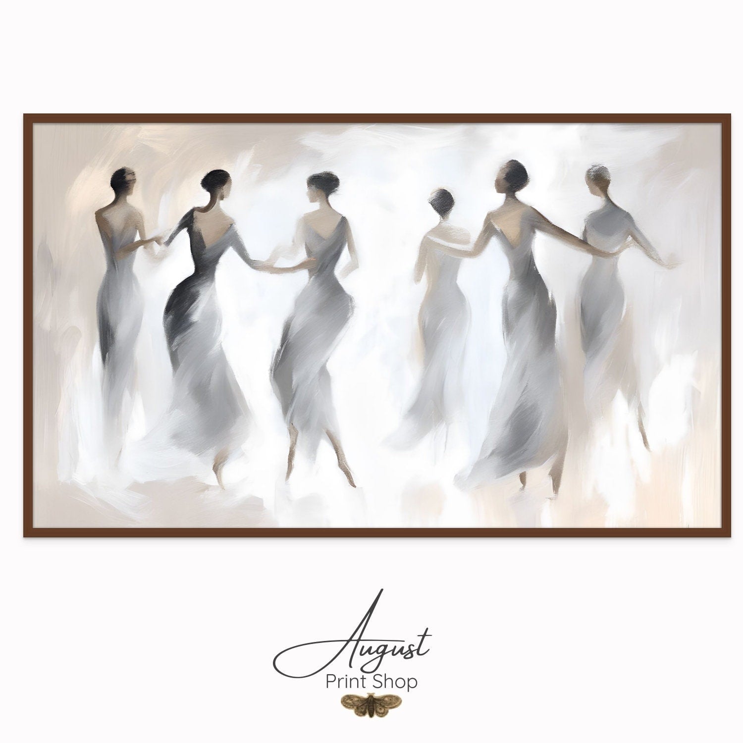 A unique artwork using soft and neutral colours of women dancing. Done as a print on canvas. Matches all sorts of decor with the taupe, grey and beige.