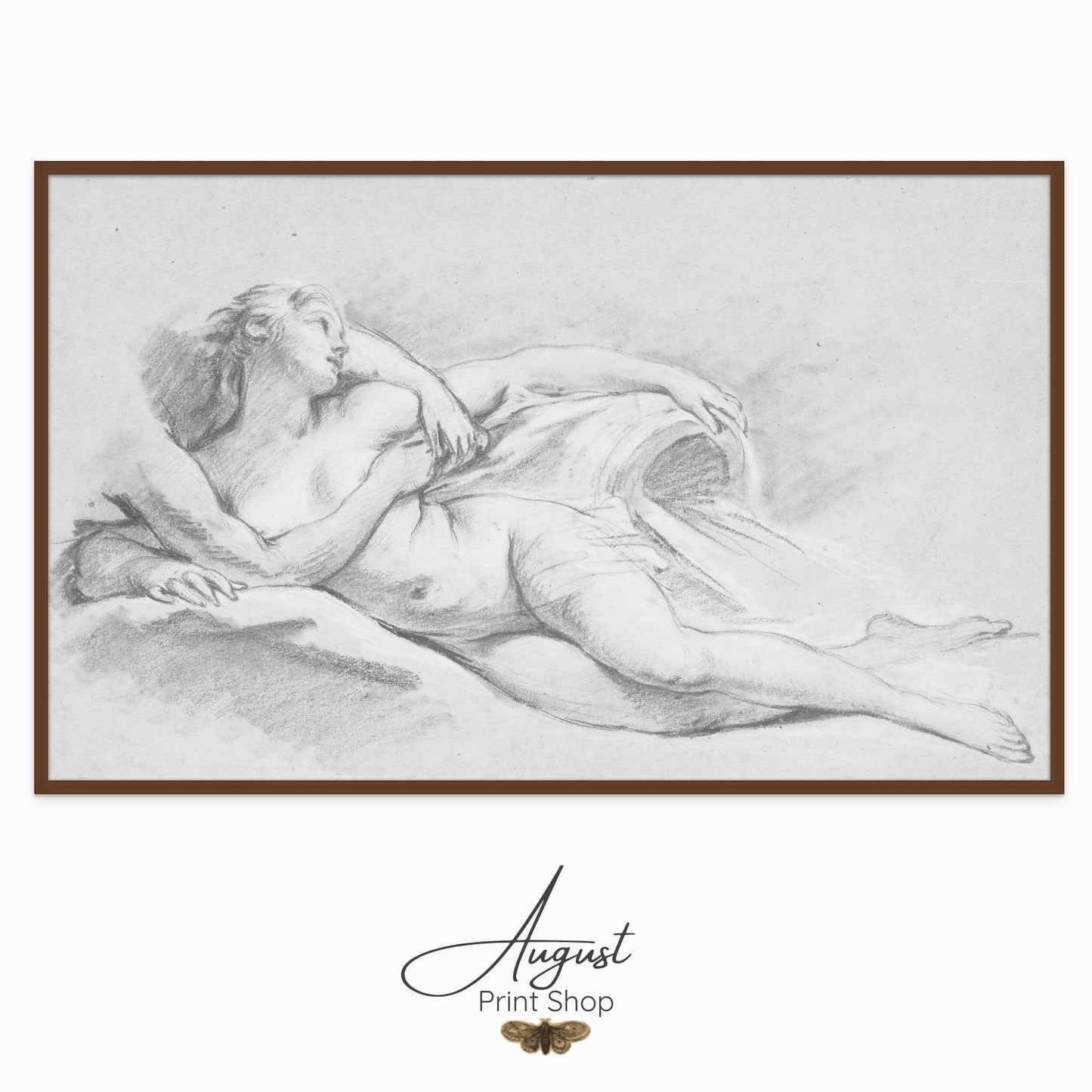 A unique vintage pencil sketch of a woman in soft grey pencil laying naked. Her body covered by an arm. White background.. Classic 1800s sketch artwork.