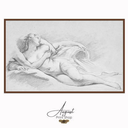 A unique vintage pencil sketch of a woman in soft grey pencil laying naked. Her body covered by an arm. White background.. Classic 1800s sketch artwork.