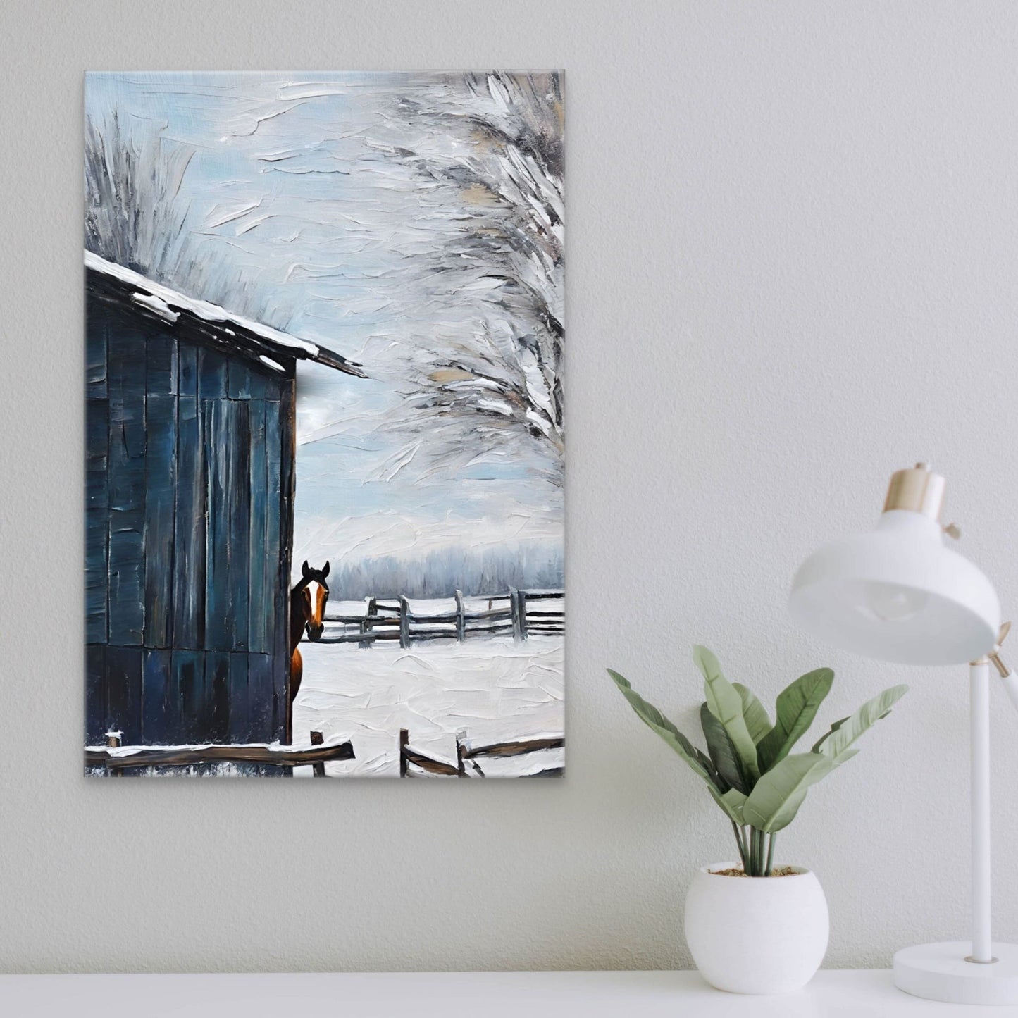 Blue Barn Horse artwork displayed above a desk on a light grey wall.