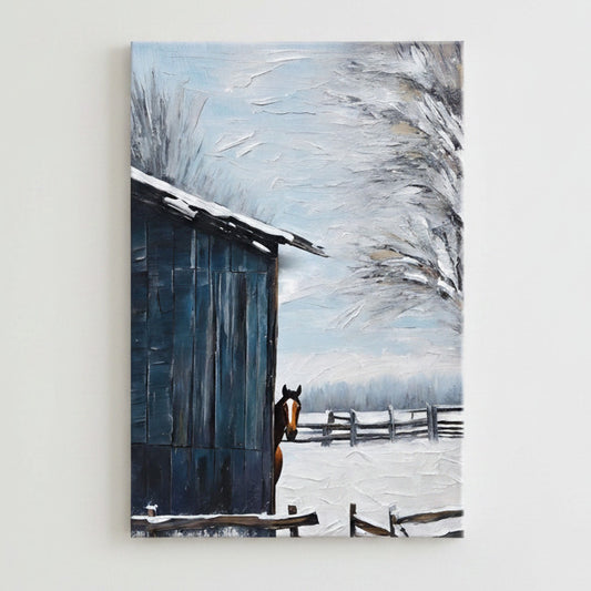 Blue Barn Horse artwork displayed above a desk on a light grey wall.