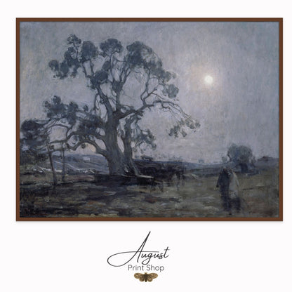 Abraham's Oak done by Henry Tanne done in 1905. Two people take a stroll in the moonlight next to a giant oak tree. Soft, neutral tones.