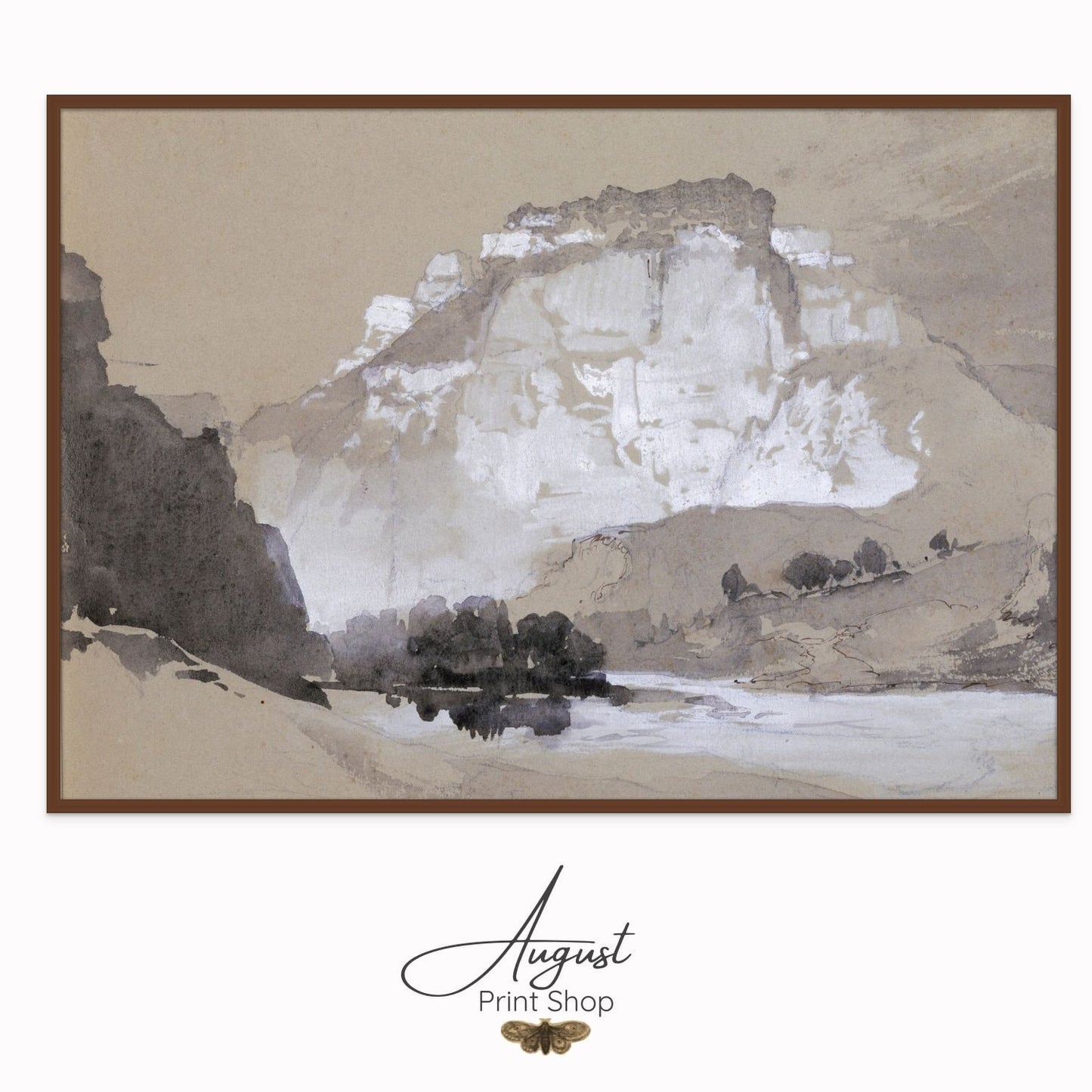 vintage artwork by Thomas Moran of an Belle Canon. Featuring soft taupe and sandy taupe with a white top mountain