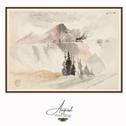 vintage artwork by Thomas Moran of below the summit. Featuring soft taupe and sandy beige, black and light rose beige